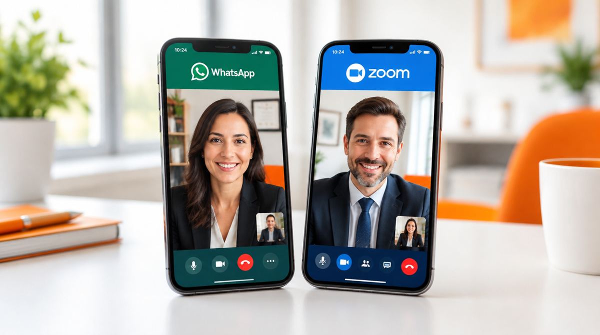Two phones on a desk, one on a WhatsApp video call and one on a Zoom meeting
